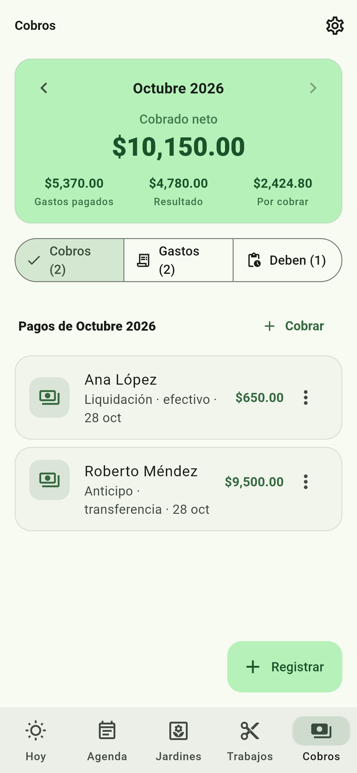 Pantalla Cobros con cobrado neto, gastos, resultado y saldo por cobrar