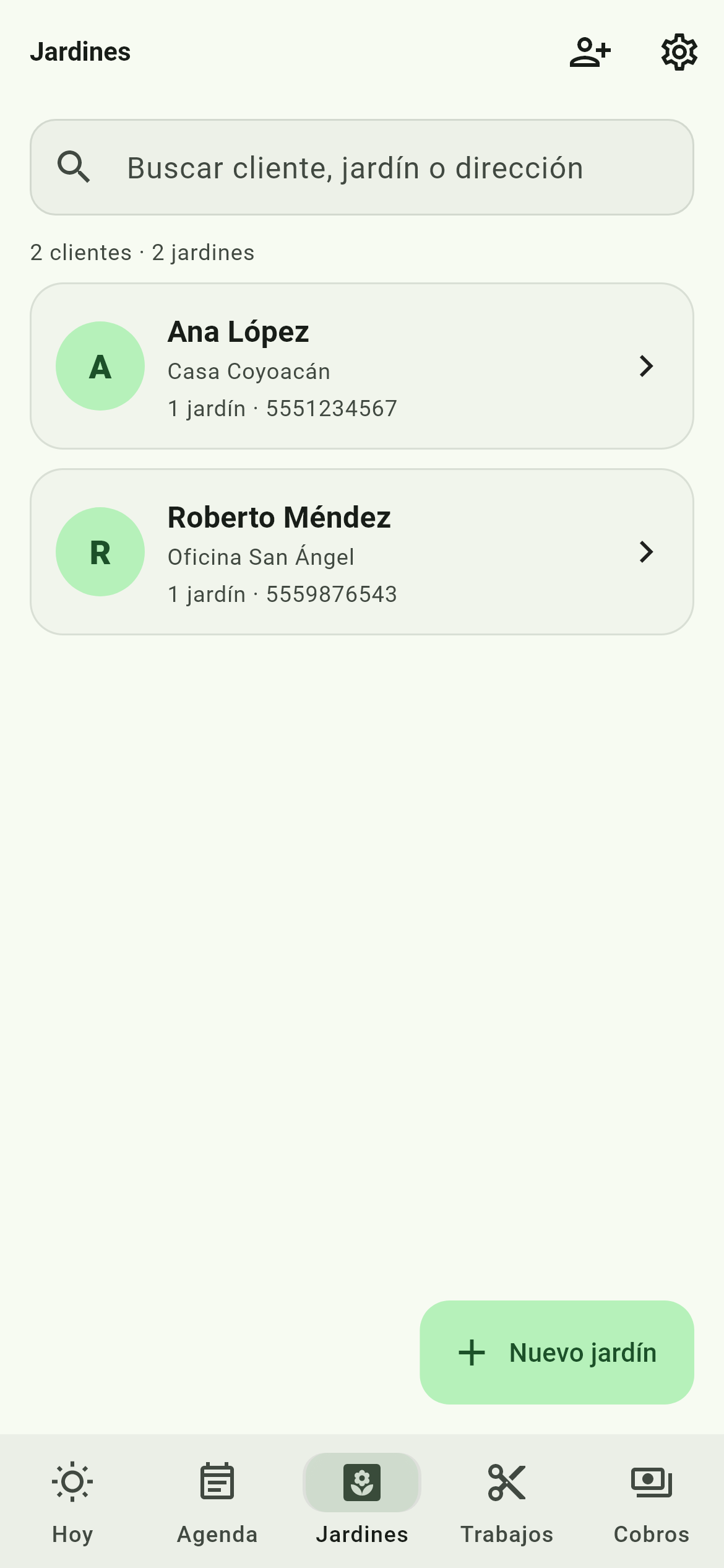 Pantalla Jardines con búsqueda por cliente, jardín o dirección