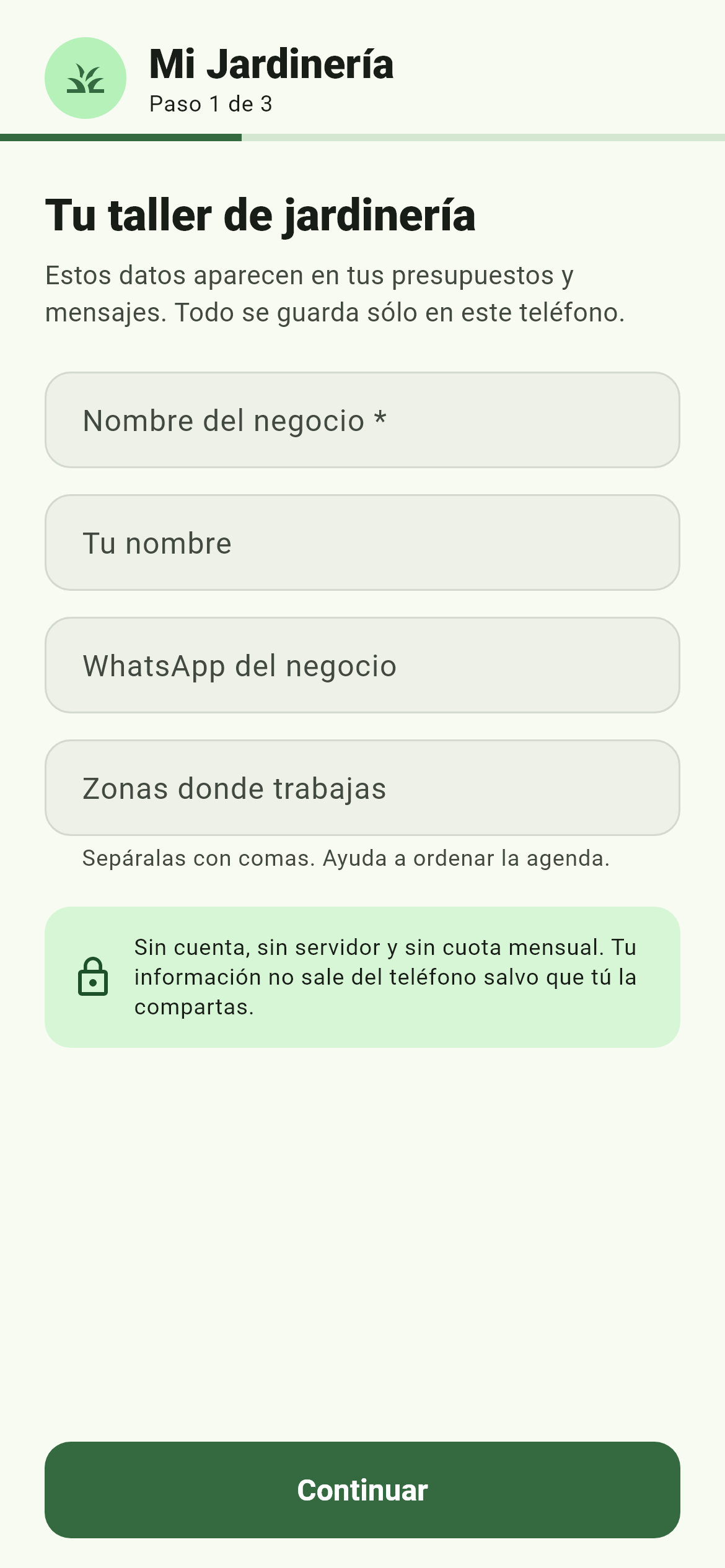 Configuración inicial de Mi Jardinería con nombre del negocio, WhatsApp y zonas
