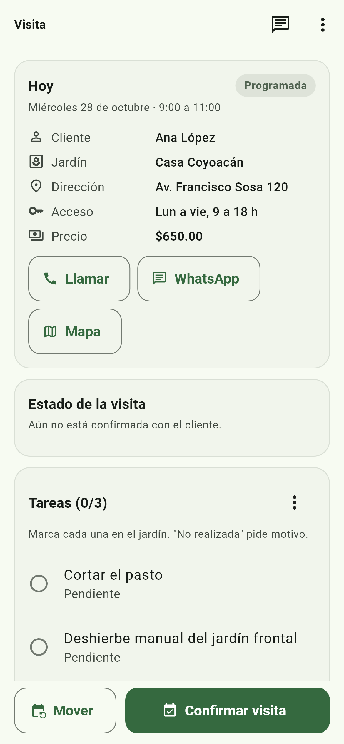 Detalle de visita con acceso, precio y tareas por hacer